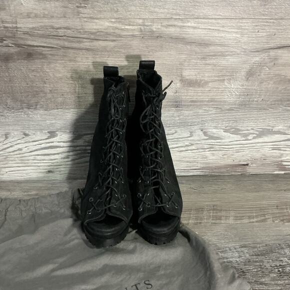 AllSaints Black Suede Lace Up Peep Toe High Heel Boots US 6.5–7 - Picture 2 of 13